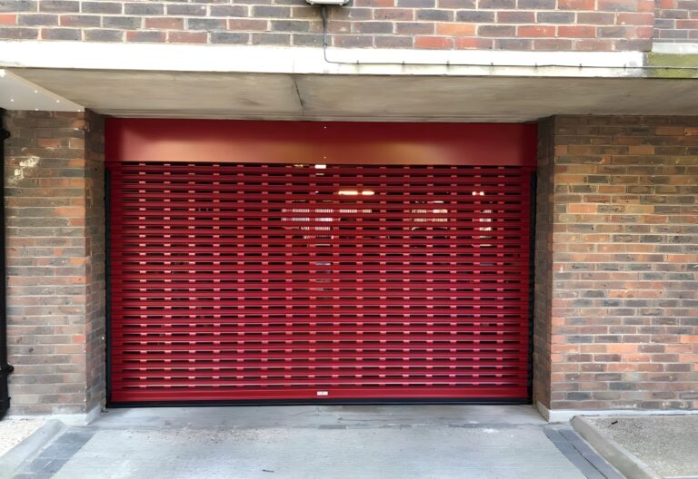 Red roller shutter garage door
